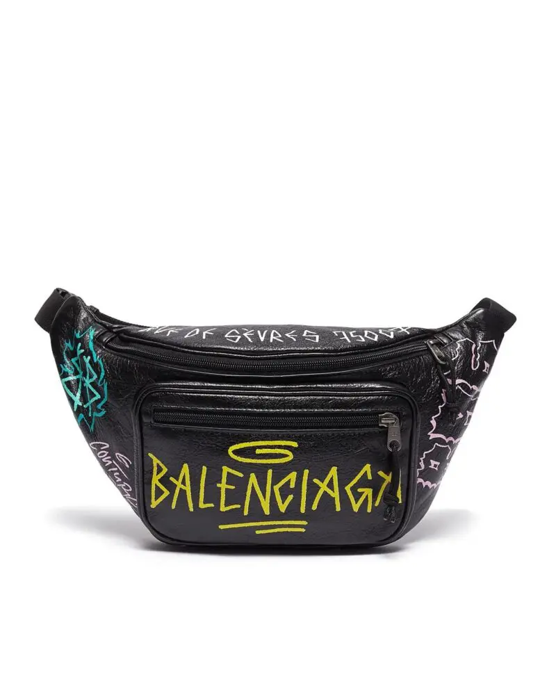 Balenciaga Men's Black 'explorer Graffiti' Print Leather Bum Bag-20244436