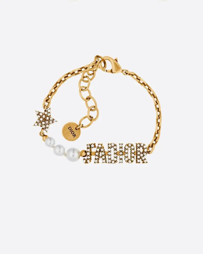 Dior J'Adior Bracelet Antique Gold Metal, White Resin Pearls and Crystals-20257249