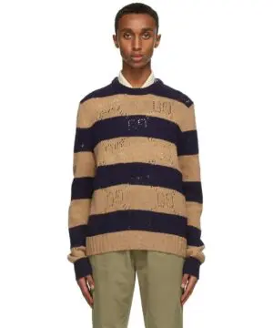 Gucci Beige & Navy Wool Striped GG Sweater-20249355