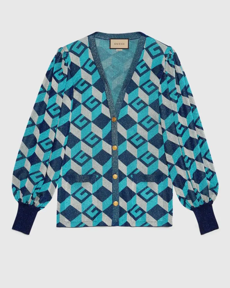 Gucci Lamé Jacquard Cardigan with Geometric G - Image 2