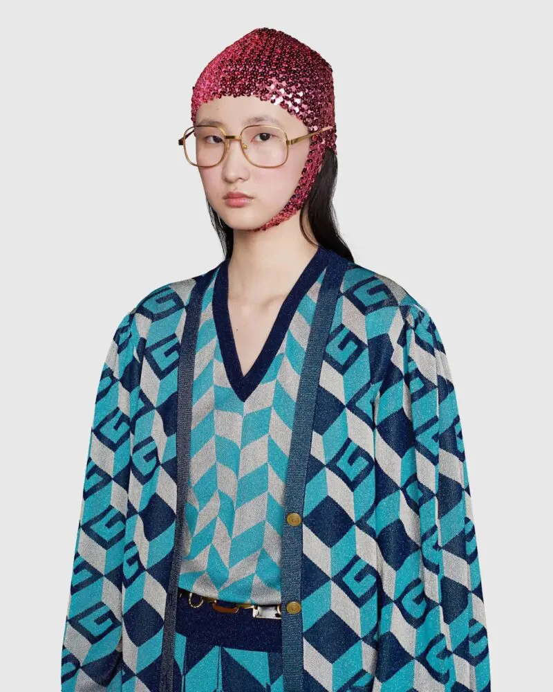 Gucci Lamé Jacquard Cardigan with Geometric G - Image 4