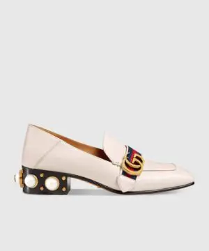 Gucci Leather Mid-Heel Loafer, White-20256140