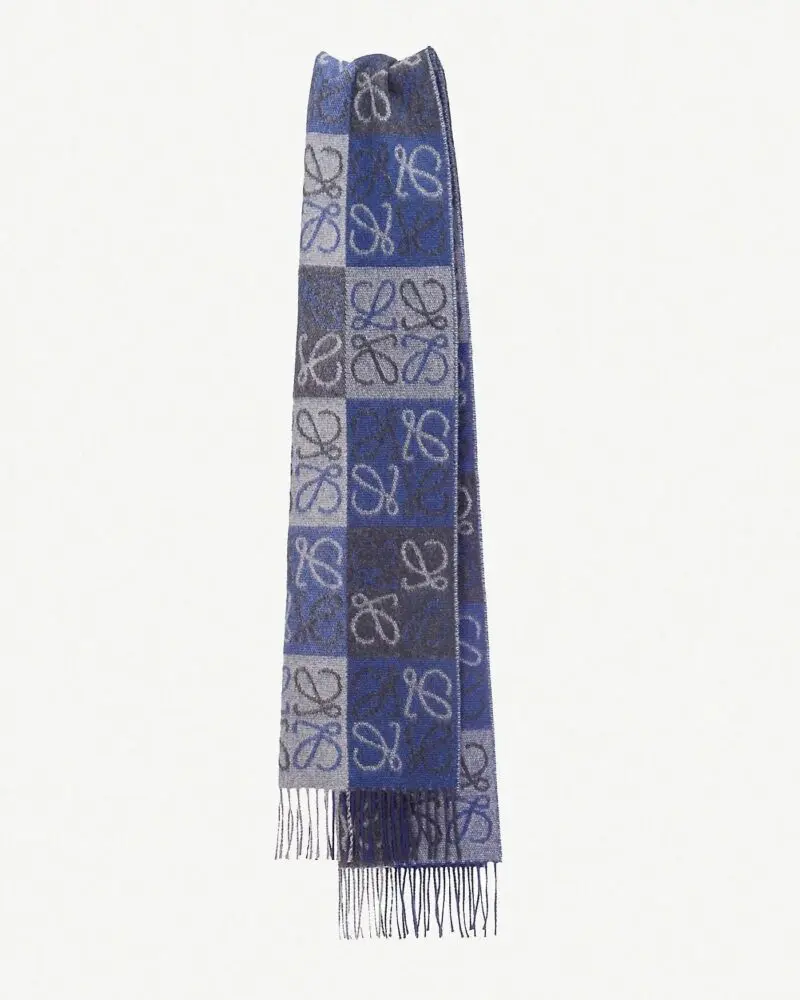 Loewe Fringed Wool and Cashmere-blend Jacquard Scarf, Blue/Grey - Image 3
