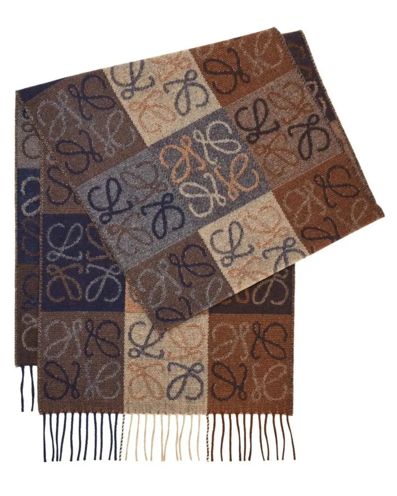 Loewe Fringed Wool and Cashmere-blend Jacquard Scarf, Navy/Brown - Image 3