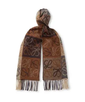 Loewe Fringed Wool and Cashmere-blend Jacquard Scarf, Navy/Brown-20247714