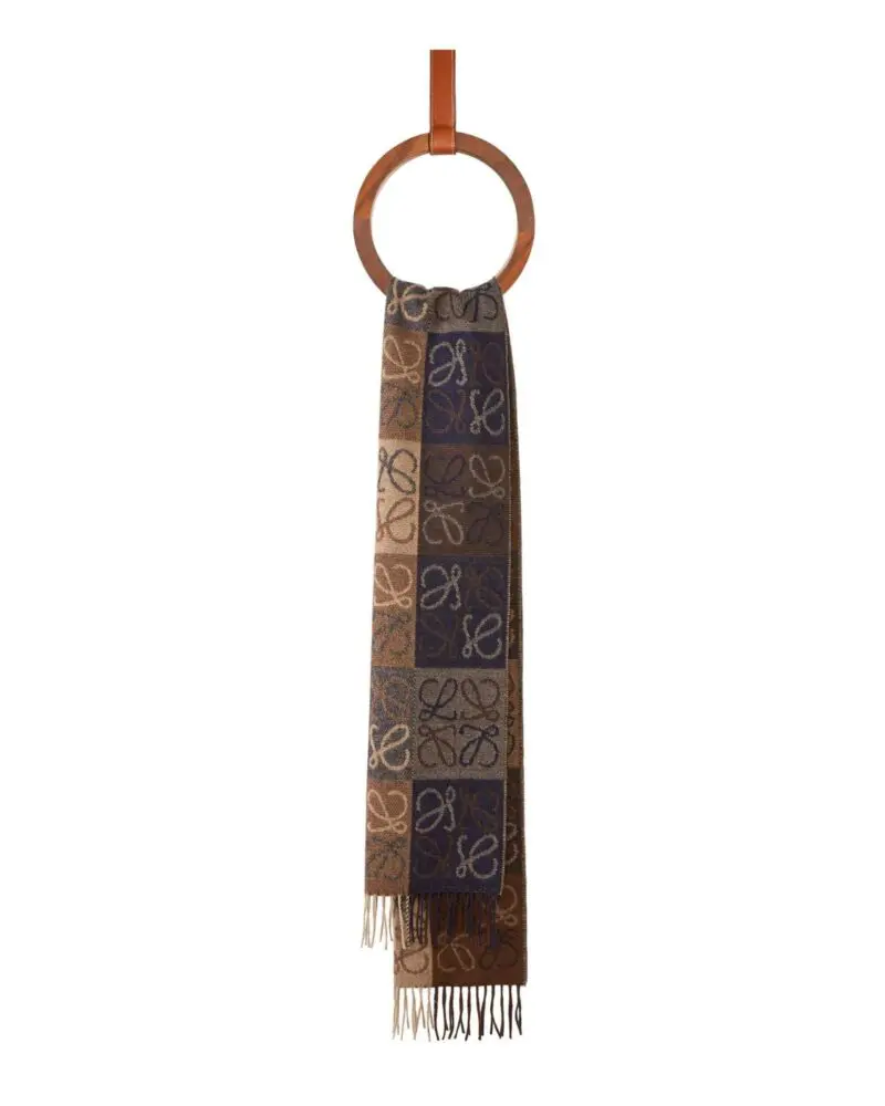 Loewe Fringed Wool and Cashmere-blend Jacquard Scarf, Navy/Brown - Image 5