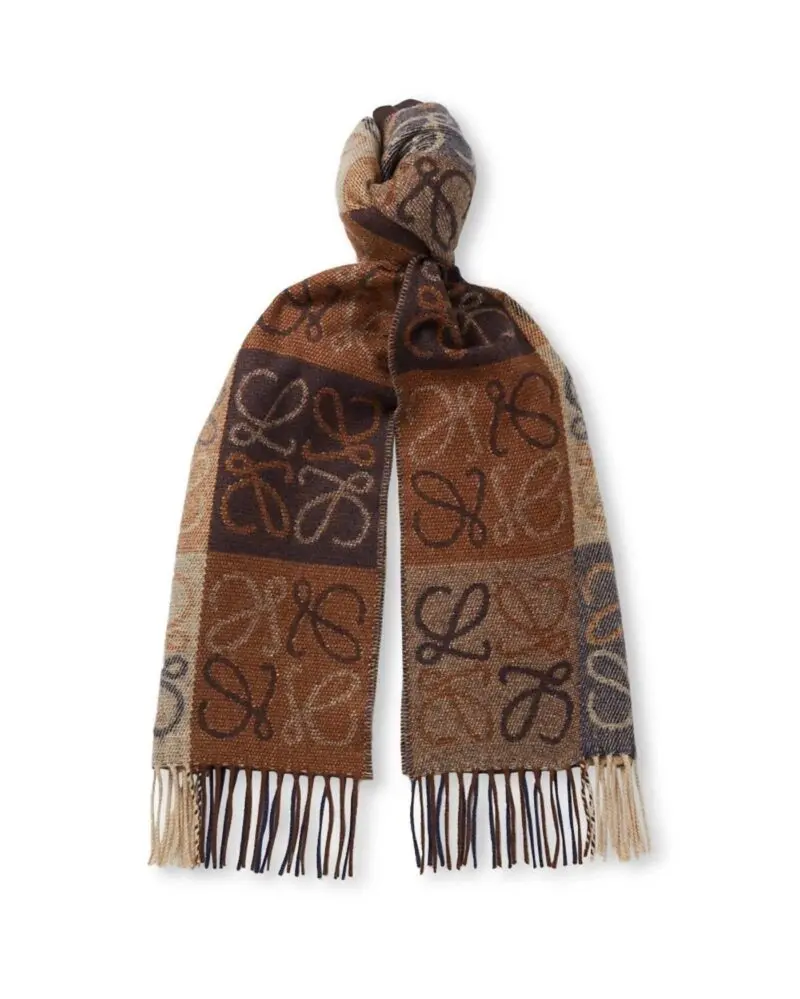 Loewe Fringed Wool and Cashmere-blend Jacquard Scarf, Navy/Brown-20247714