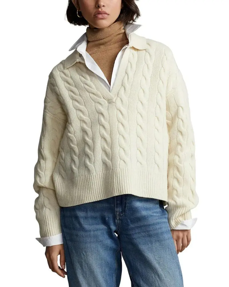 Polo Ralph Lauren Cable-Knit Wool-Cashmere Polo Sweater In Beige - Image 2