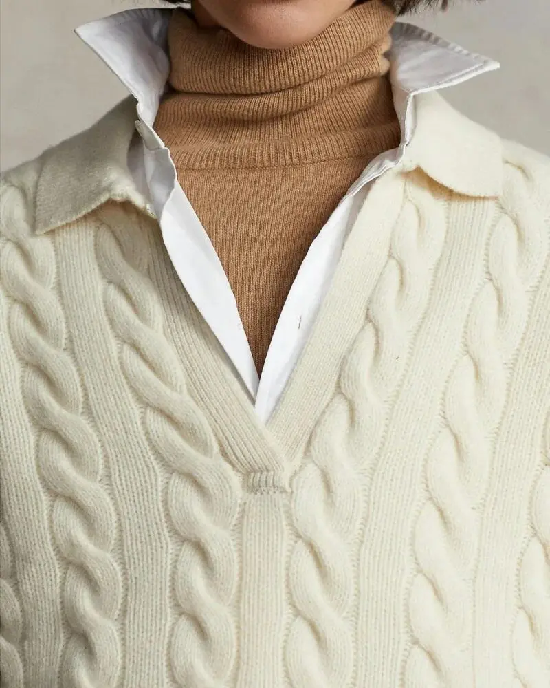 Polo Ralph Lauren Cable-Knit Wool-Cashmere Polo Sweater In Beige - Image 3