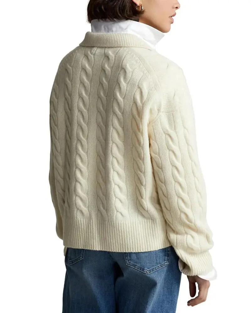 Polo Ralph Lauren Cable-Knit Wool-Cashmere Polo Sweater In Beige - Image 4