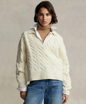 Polo Ralph Lauren Cable-Knit Wool-Cashmere Polo Sweater In Beige-20236780