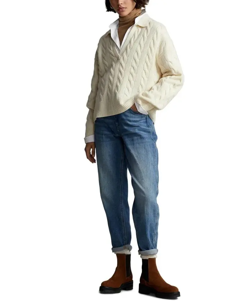 Polo Ralph Lauren Cable-Knit Wool-Cashmere Polo Sweater In Beige - Image 5