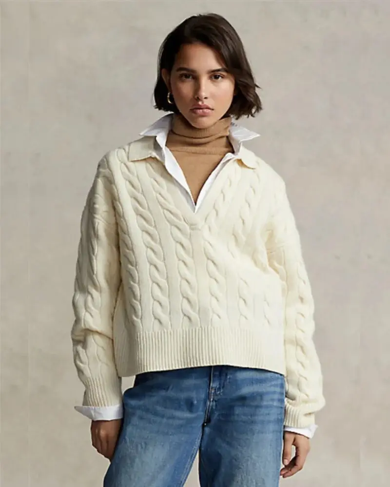 Polo Ralph Lauren Cable-Knit Wool-Cashmere Polo Sweater In Beige-20236780