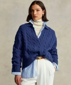 Polo Ralph Lauren Cable-Knit Wool-Cashmere Polo Sweater In Blue-20236791