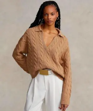Polo Ralph Lauren Cable-Knit Wool-Cashmere Polo Sweater In Camel-20236801