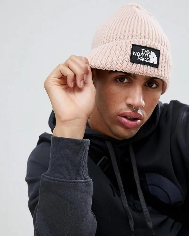 The North Face Logo Box Cuffed Beanie In Pink - Image 3
