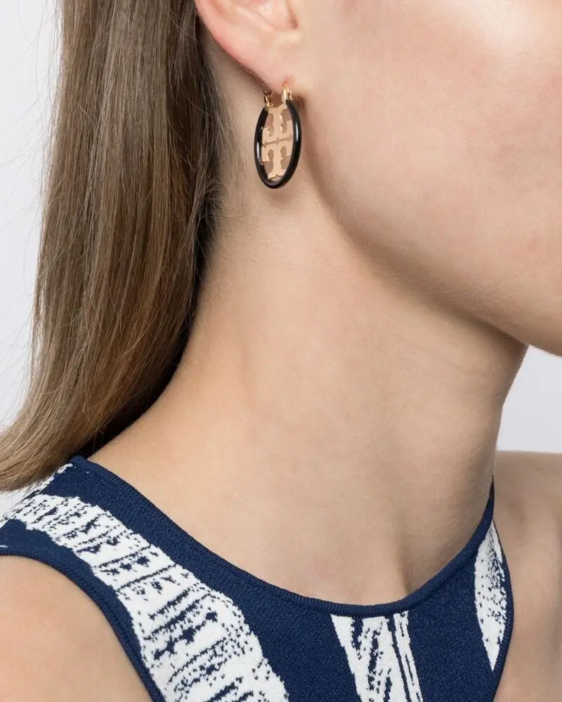 Tory Burch Miller Enamel Small Hoop Earring, Black - Image 3