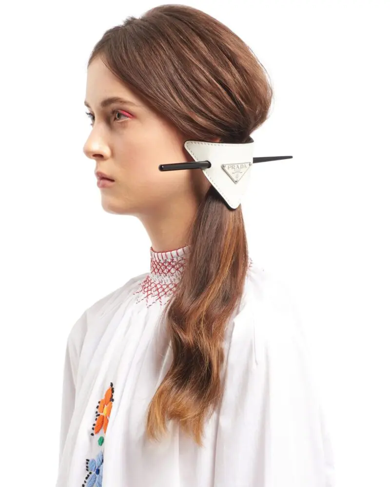 Prada White Leather Hair Clip-20255565