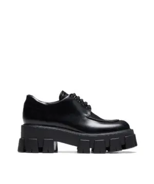 Prada Monolith Brushed Leather Lace-Up Shoes, Black-20256484