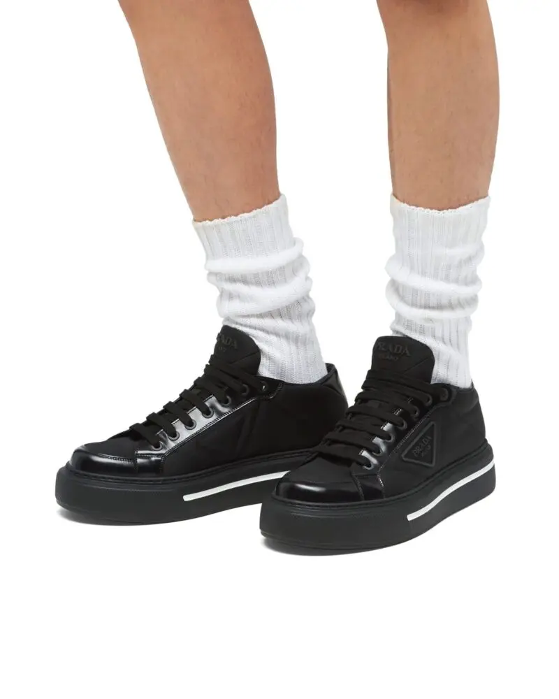 Prada Macro Re-Nylon And Brushed Leather Sneakers, Black - Image 5