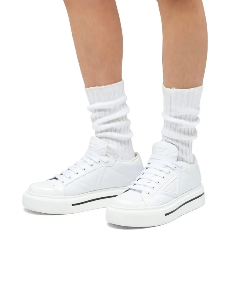 Prada Macro Re-Nylon And Brushed Leather Sneakers, White - Image 6