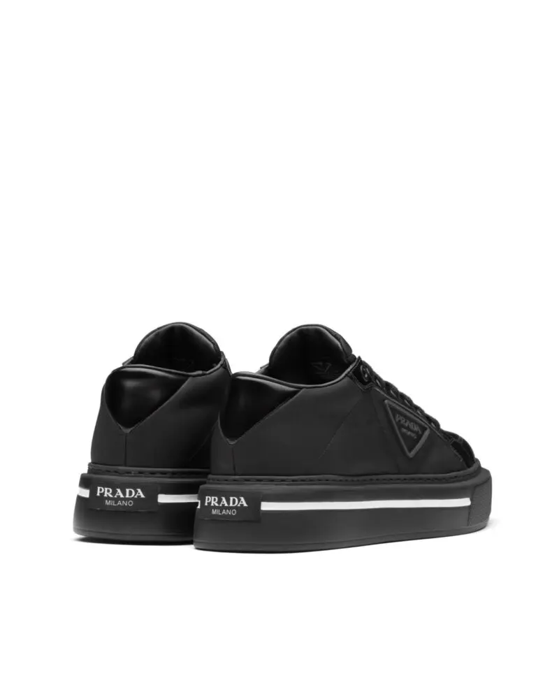 Prada Macro Re-Nylon And Brushed Leather Sneakers, Black - Image 3