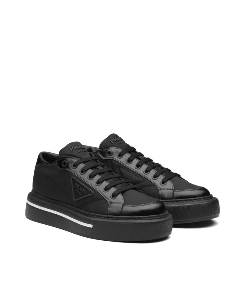 Prada Macro Re-Nylon And Brushed Leather Sneakers, Black - Image 2