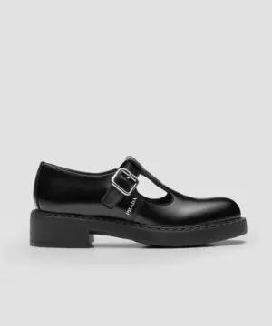 Prada Black Brushed-Leather Mary Jane T-Strap Shoes-20243752