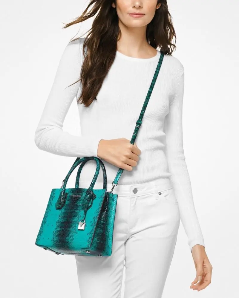 Michael Michael Kors Mercer Python Embossed Leather Medium Messenger Tile Blue - Image 3