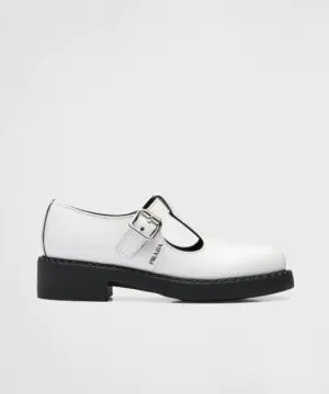 Prada White Brushed-Leather Mary Jane T-Strap Shoes-20243741