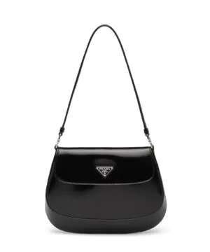 Prada Cleo Brushed Leather Shoulder Bag With Flap, Black-20253605