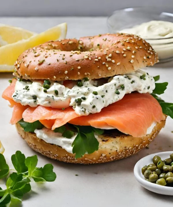 Smoked salmon bagel with lemon capers cream cheese 735x735 1