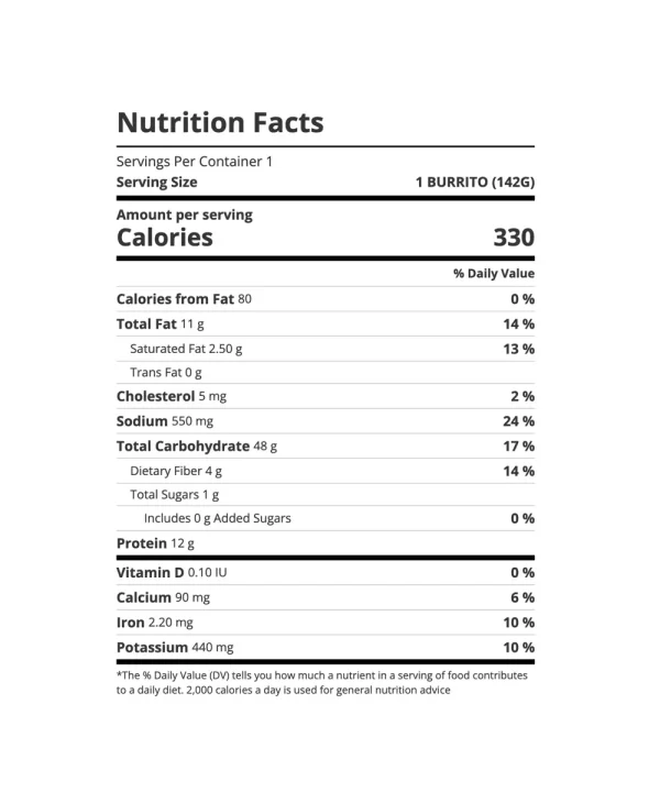 Reds all natural organic bean rice and cheddar burrito nutrition