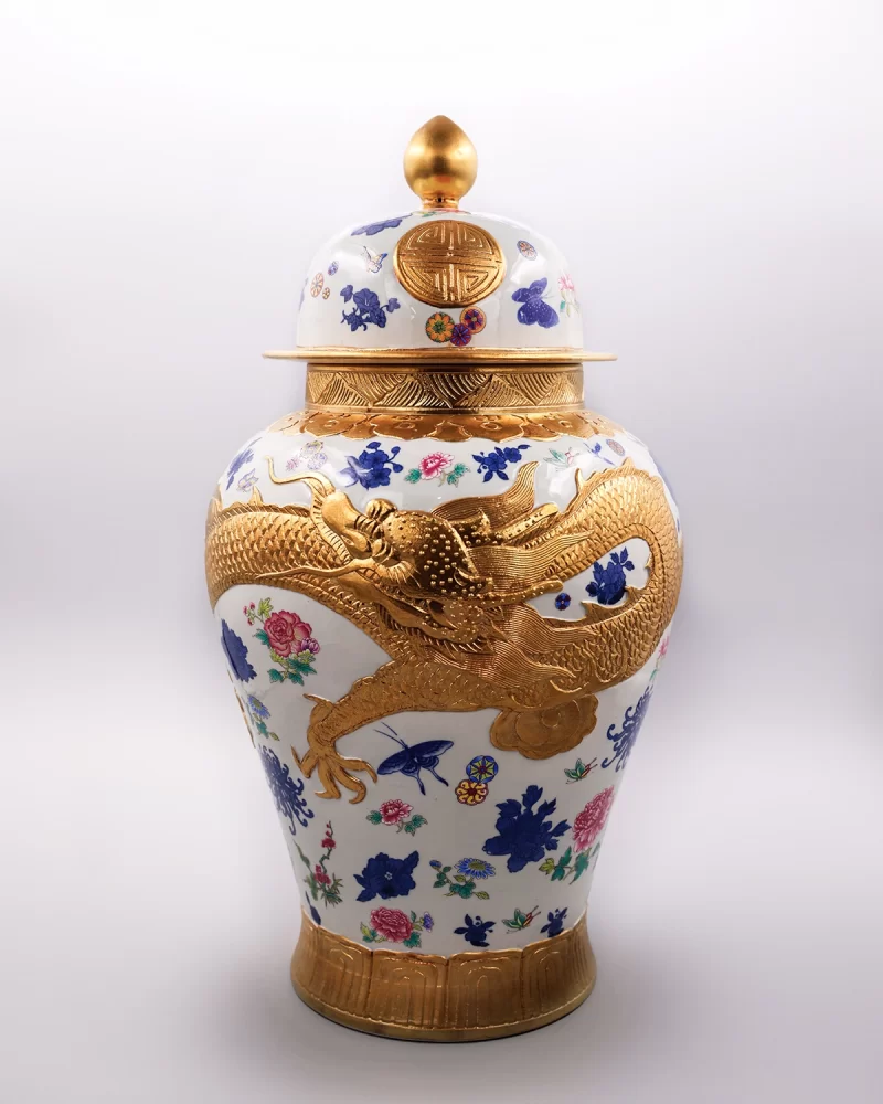 20.4" Rare China Wucai Porcelain Palace Dragon Pattern Flower Bottle Vase