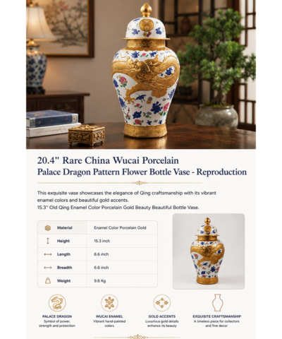 15.3" Rare Chinese Wucai Porcelain Palace Dragon Pattern Flower Bottle Vase – Reproduction - Image 5