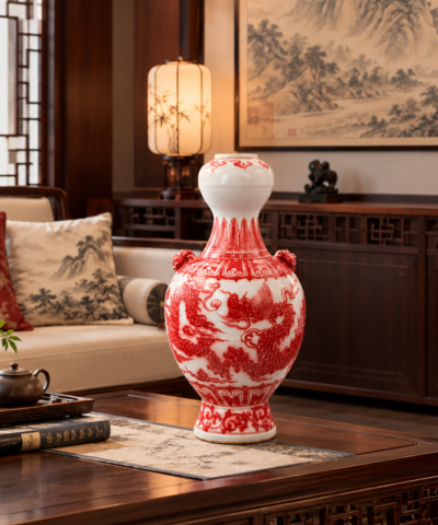 18" Chinese Red White Enamel Porcelain Hu Vase Dragon Pattern Animal Head Handles - Image 7