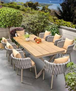 Modern Aluminum and Wood Outdoor Patio Dining Set with Teslin Rubber Chairs
