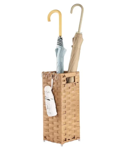 Hand Woven Rattan Umbrella Stand with Drip Tray & Hooks - Image 9