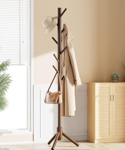 Sturdy Wooden Coat Tree with 8 Hooks, 3 Adjustable Sizes for Clothes, Hat Stand Used in Bedroom/Office/Entryway,