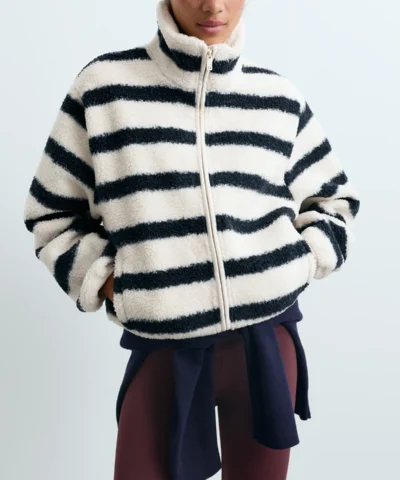 OYSHO Striped Faux-Shearling Jacket with High Neck & Zip Fastening – Recycled Polyester - Image 2