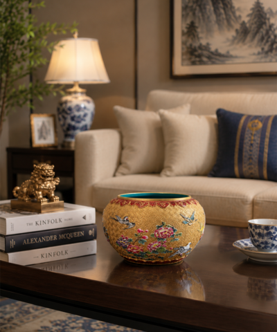 Elegant Chinese-Style Porcelain Decorative Bowl with Gold Floral & Bird Design - Image 4