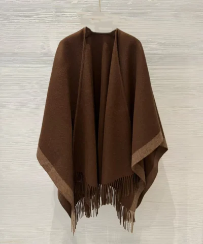 Premium Wool-Cashmere Blend Open-Front Cape with Integrated Scarf & Fringe Trim in Brown