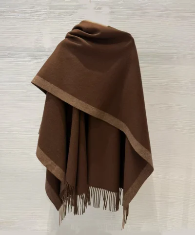 Alternative view of Premium Wool-Cashmere Blend Open-Front Cape with Integrated Scarf & Fringe Trim in Brown
