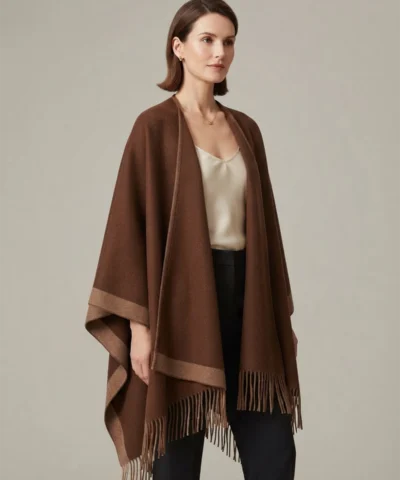 Premium Wool-Cashmere Blend Open-Front Cape with Integrated Scarf & Fringe Trim in Brown - Image 3