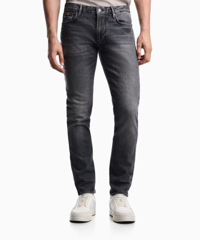 Emporio Armani J06 Slim-fit Washed Denim Jeans with Eagle Embroidery in Grey